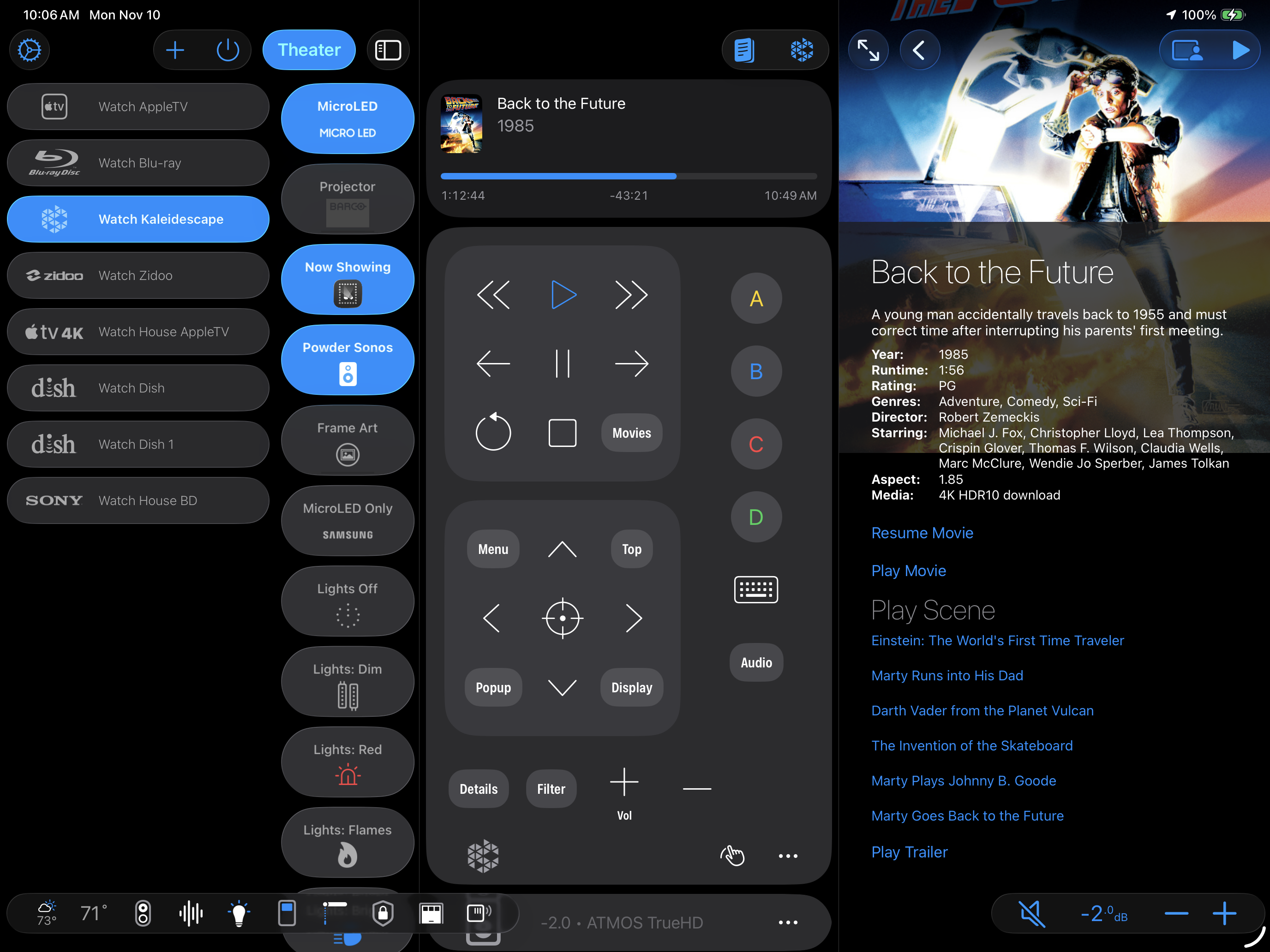 Roomie Remote X Three Up Layout on iPad showing Activities, Remote, and Media Guide panels